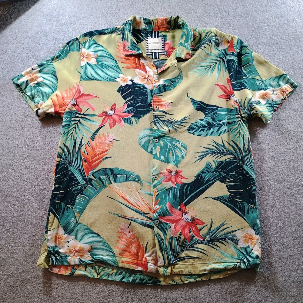 Denim & Flower Mens Ricky Singh Tropical Floral Shirt Green Large Short Sleeve
